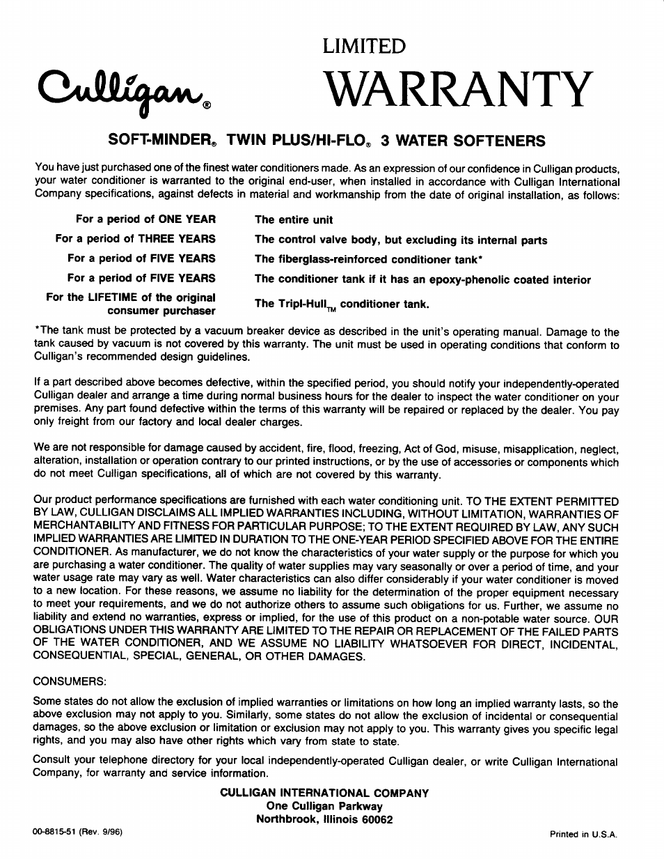 Warranty | Culligan Automatic Water Softeners User Manual | Page 4 / 9