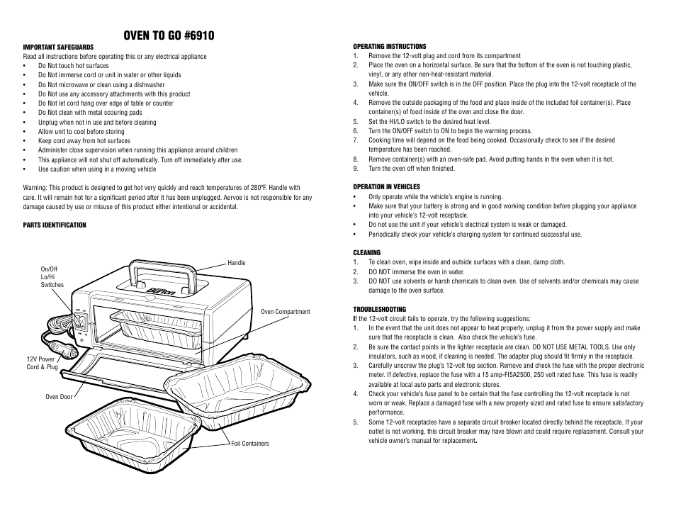 Aervoe Oven To Go User Manual | 2 pages