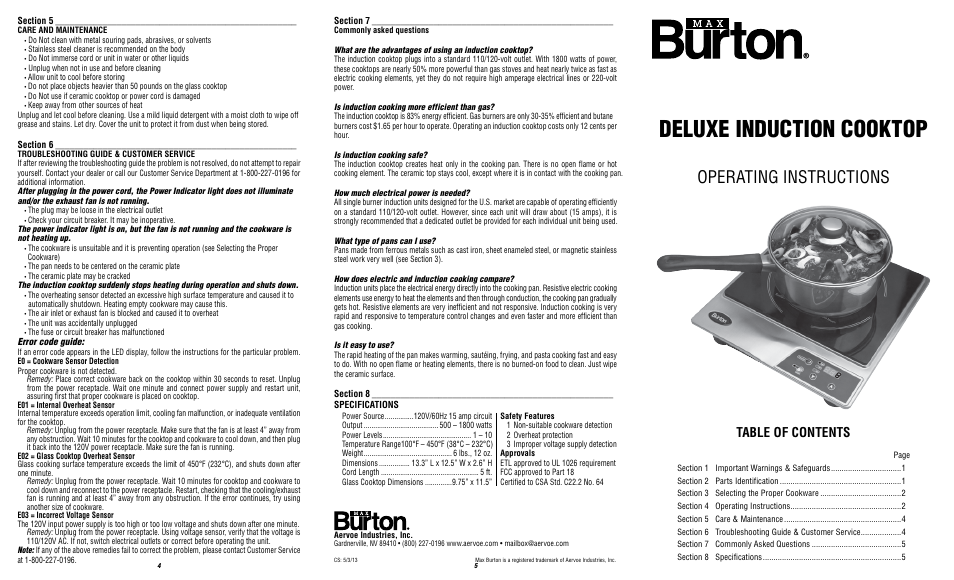 Aervoe Deluxe Induction Cooktop User Manual | 2 pages