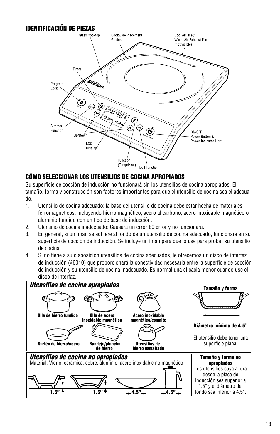 Utensilios de cocina apropiados, Utensilios de cocina no apropiados | Aervoe Digital Choice Induction Cooktop User Manual | Page 13 / 16