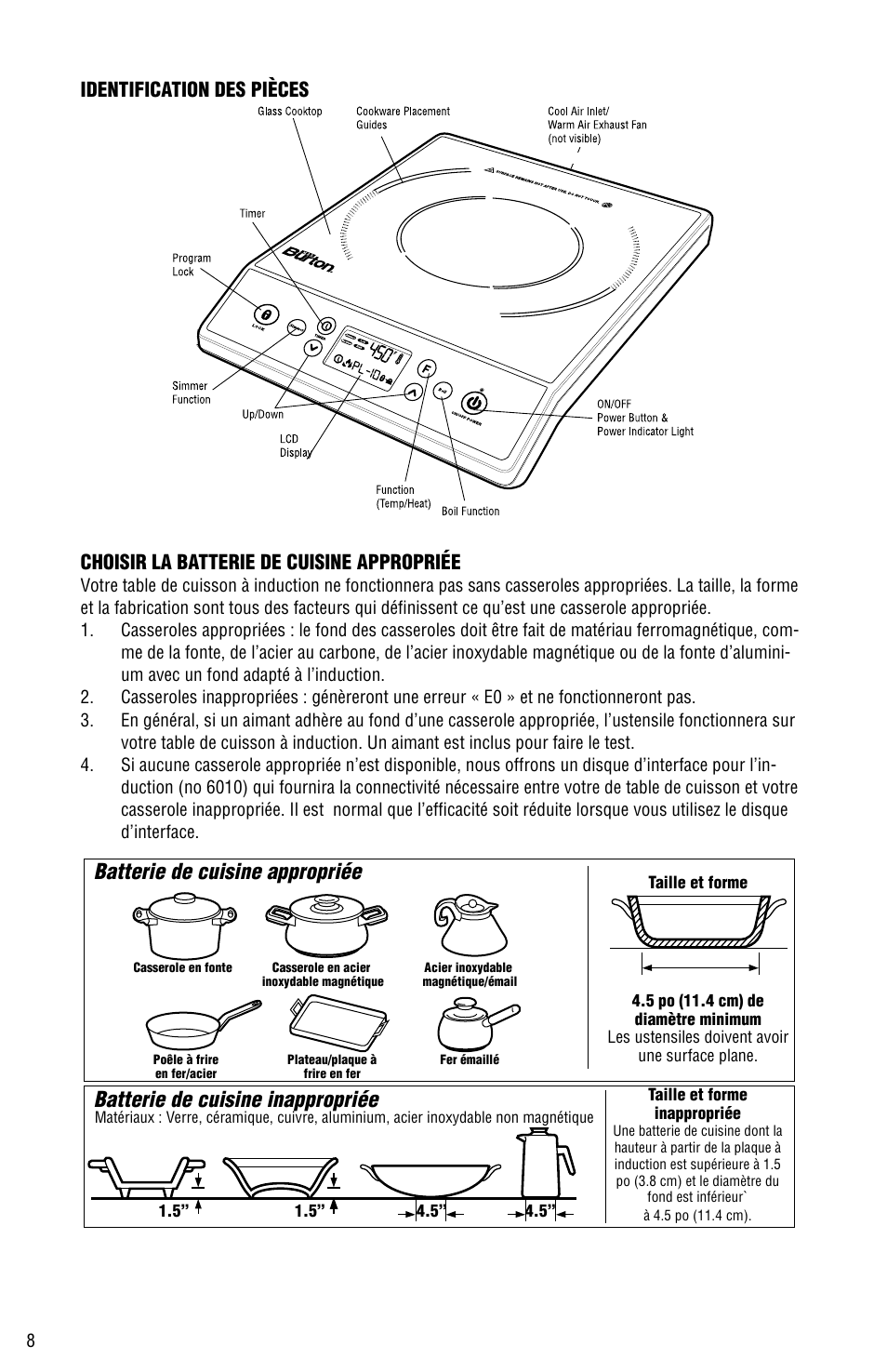 Batterie de cuisine appropriée, Batterie de cuisine inappropriée | Aervoe Digital Choice Induction Cooktop User Manual | Page 8 / 16