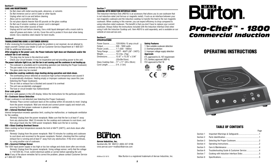 Aervoe ProChef-1800 Induction Cooktop User Manual | 2 pages