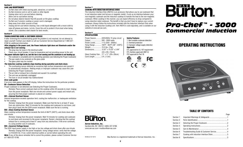 Aervoe ProChef-3000 Induction Cooktop User Manual | 2 pages