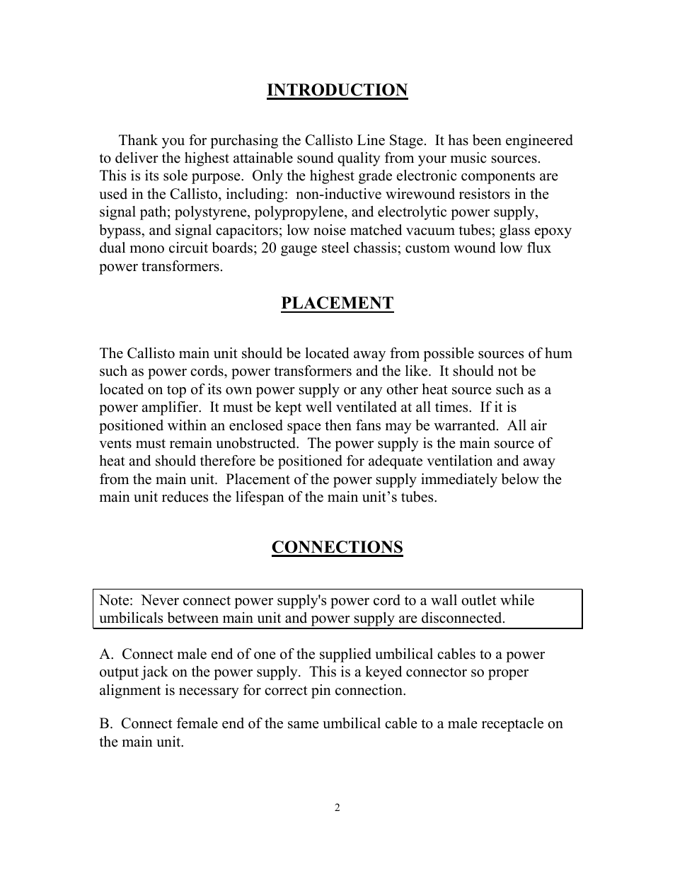 Introduction, Placement, Connections | Aesthetix Callisto User Manual | Page 2 / 5