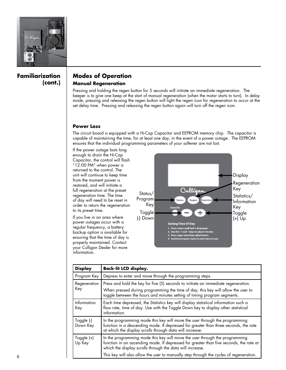 Modes of operation, Familiarization (cont.) | Culligan Sulfur-Cleer User Manual | Page 10 / 27