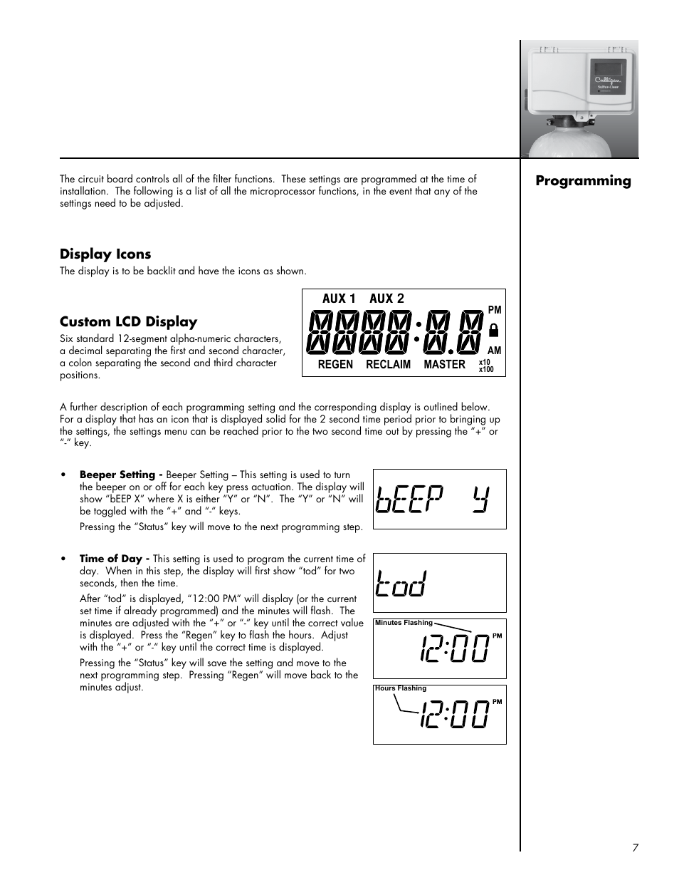 Display icons, Custom lcd display, Programming | Culligan Sulfur-Cleer User Manual | Page 11 / 27