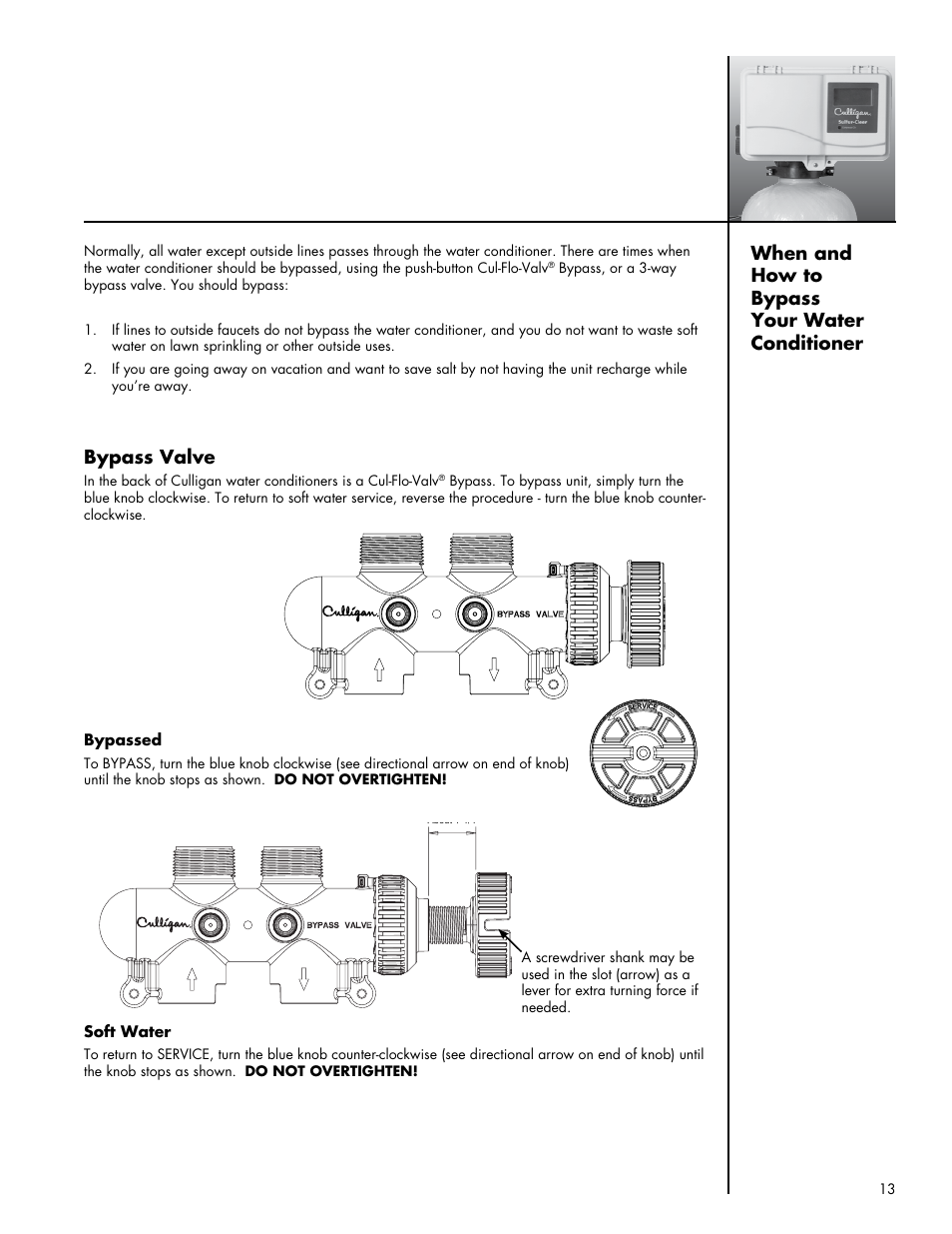 When and how to bypass your water conditioner, Bypass valve | Culligan Sulfur-Cleer User Manual | Page 17 / 27