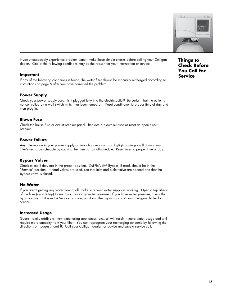 Things to check before you call for service | Culligan Sulfur-Cleer User Manual | Page 19 / 27