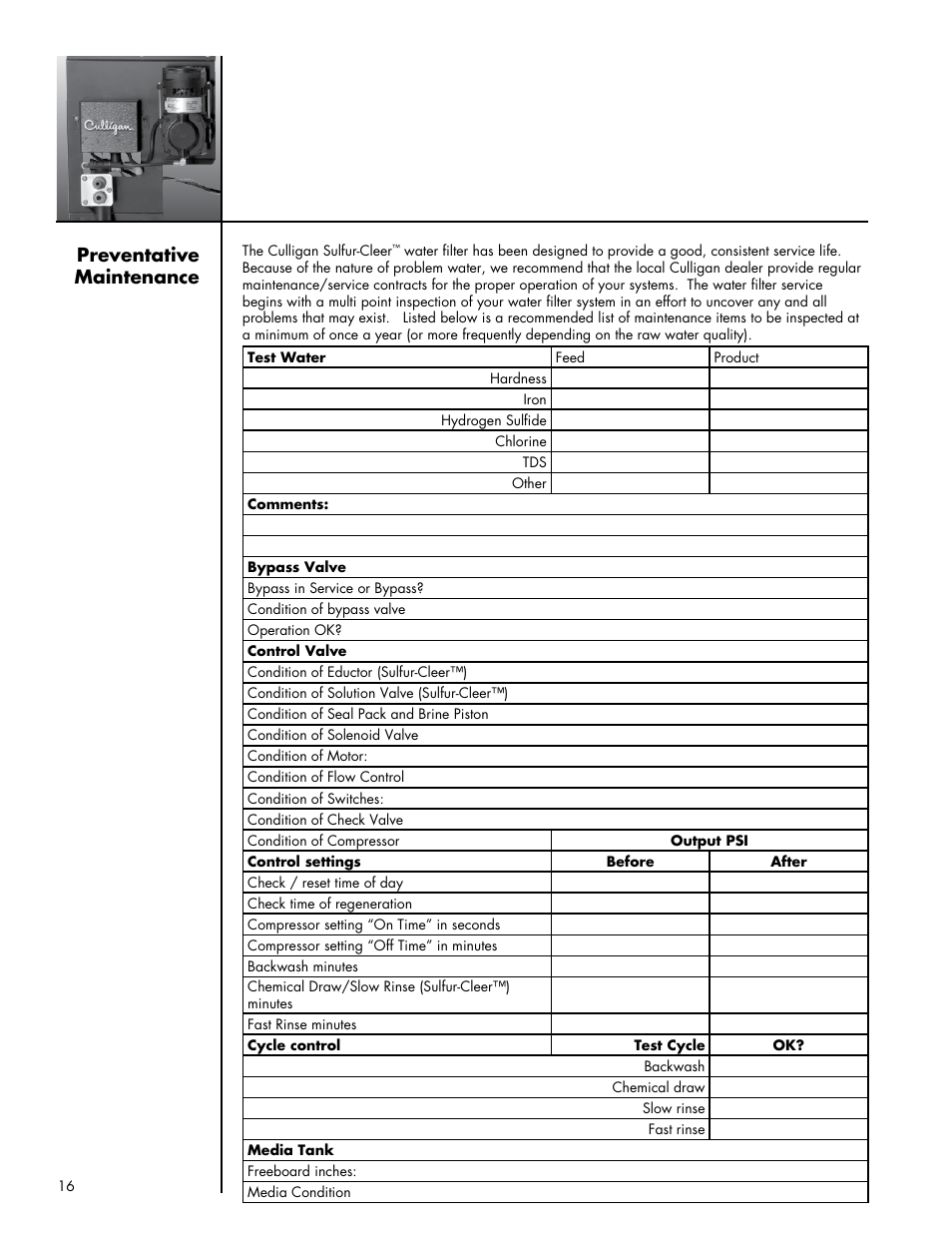 Preventative maintenance | Culligan Sulfur-Cleer User Manual | Page 20 / 27