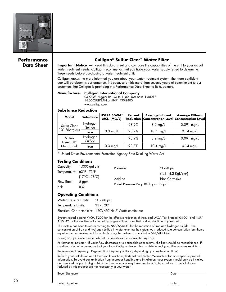 Performance data sheet, Culligan, Sulfur-cleer | Water filter | Culligan Sulfur-Cleer User Manual | Page 24 / 27