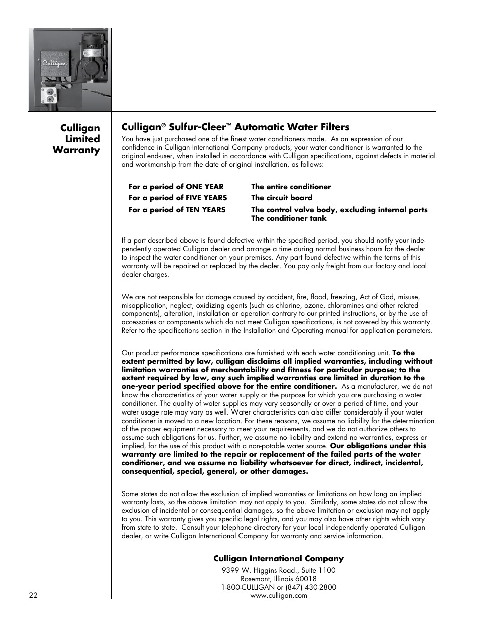 Culligan limited warranty, Culligan, Sulfur-cleer | Automatic water filters | Culligan Sulfur-Cleer User Manual | Page 26 / 27