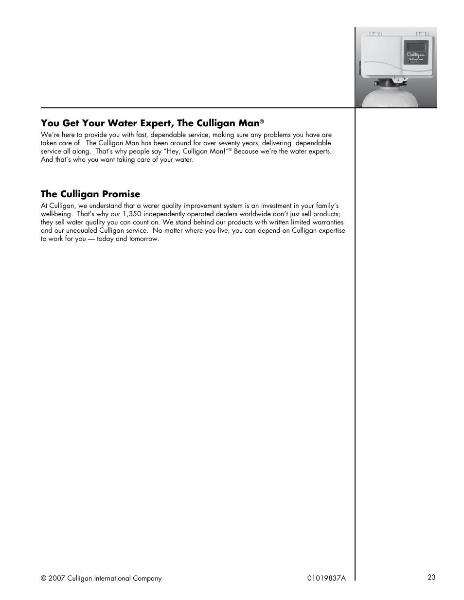 You get your water expert, the culligan man, The culligan promise | Culligan Sulfur-Cleer User Manual | Page 27 / 27