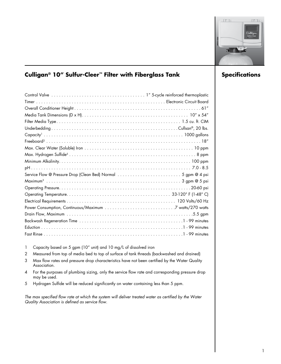 Specifications culligan, 10” sulfur-cleer, Filter with fiberglass tank | Culligan Sulfur-Cleer User Manual | Page 5 / 27