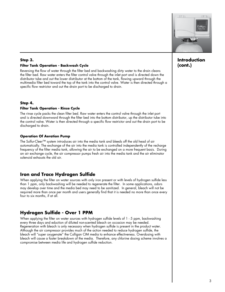 Iron and trace hydrogen sulfide, Hydrogen sulfide - over 1 ppm, Introduction (cont.) | Culligan Sulfur-Cleer User Manual | Page 7 / 27