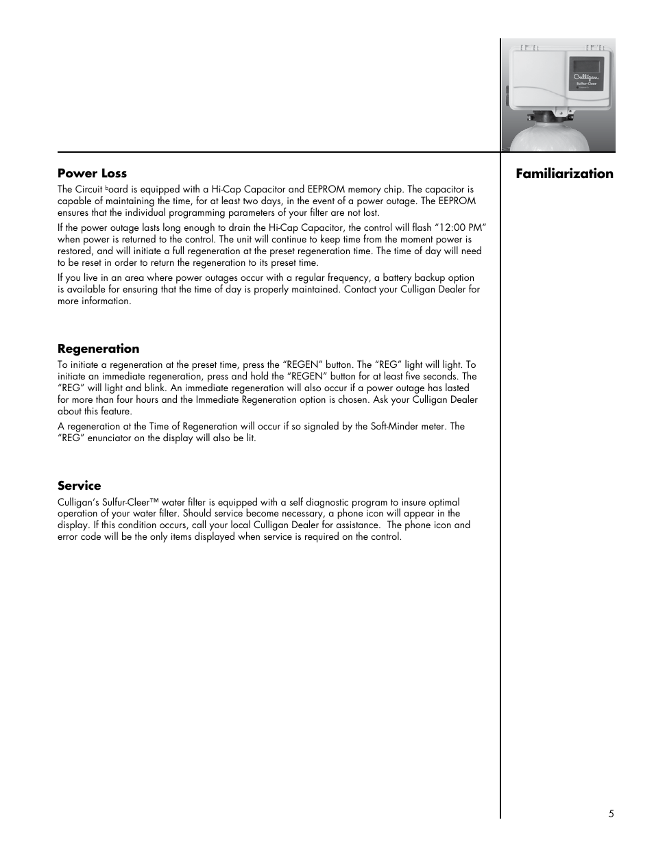 Familiarization | Culligan Sulfur-Cleer User Manual | Page 9 / 27