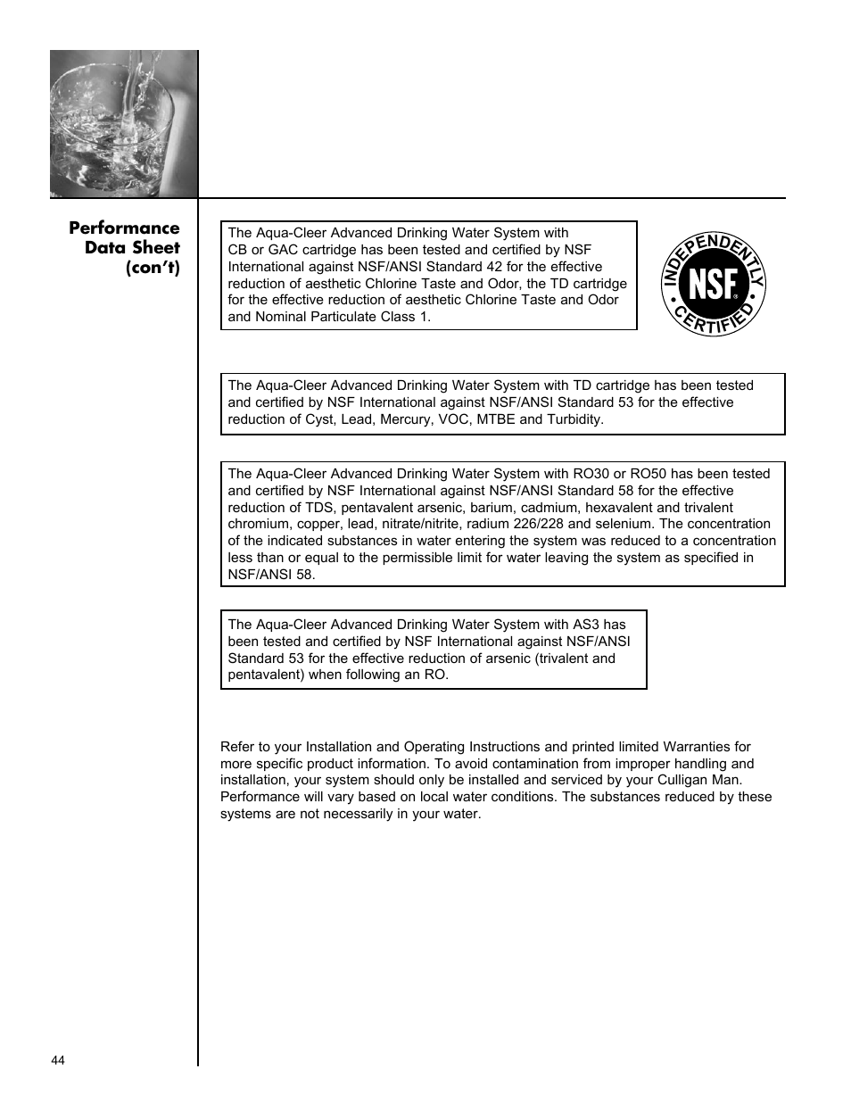 Culligan Aqua-Cleer Advanced Drinking Water Systems User Manual | Page 44 / 59