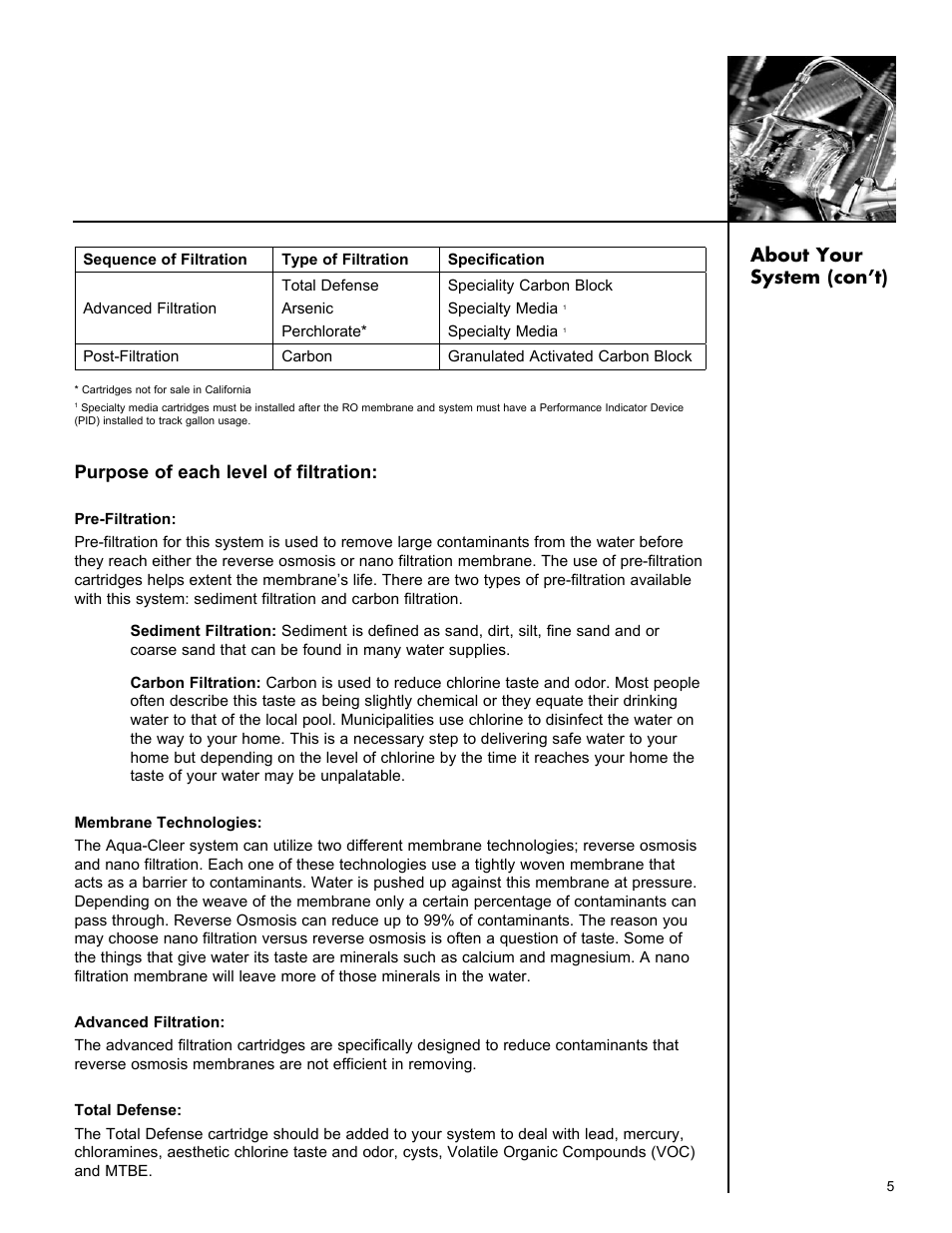 Purpose of each level of filtration, About your system (con’t) | Culligan Aqua-Cleer Advanced Drinking Water Systems User Manual | Page 5 / 59