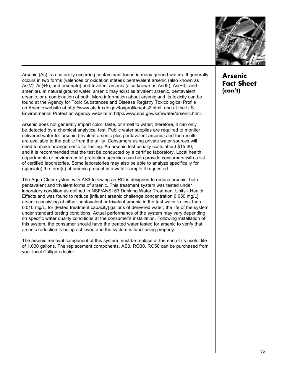 Arsenic fact sheet | Culligan Aqua-Cleer Advanced Drinking Water Systems User Manual | Page 55 / 59