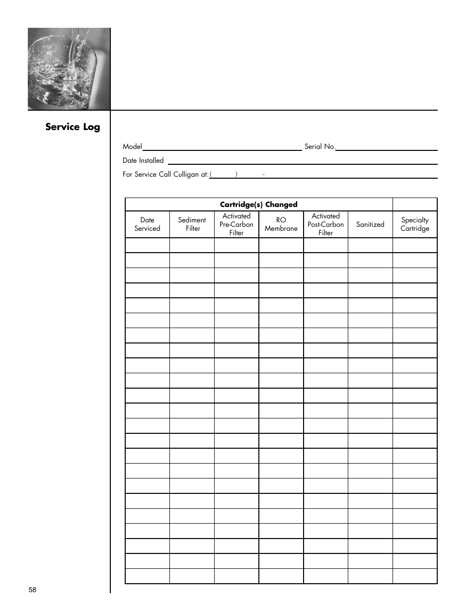 Service log | Culligan Aqua-Cleer Advanced Drinking Water Systems User Manual | Page 58 / 59