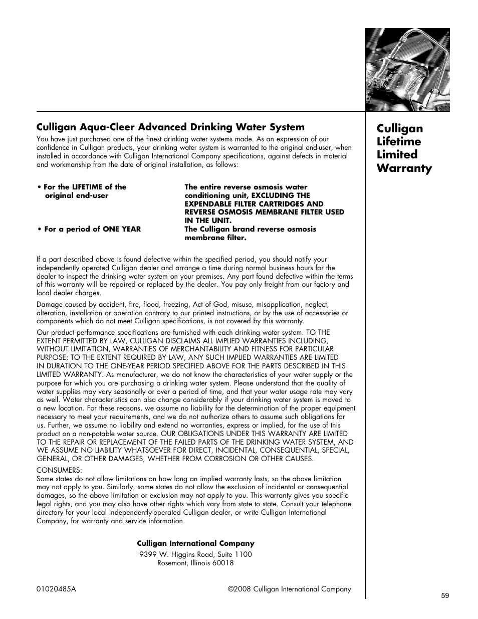 Culligan lifetime limited warranty | Culligan Aqua-Cleer Advanced Drinking Water Systems User Manual | Page 59 / 59