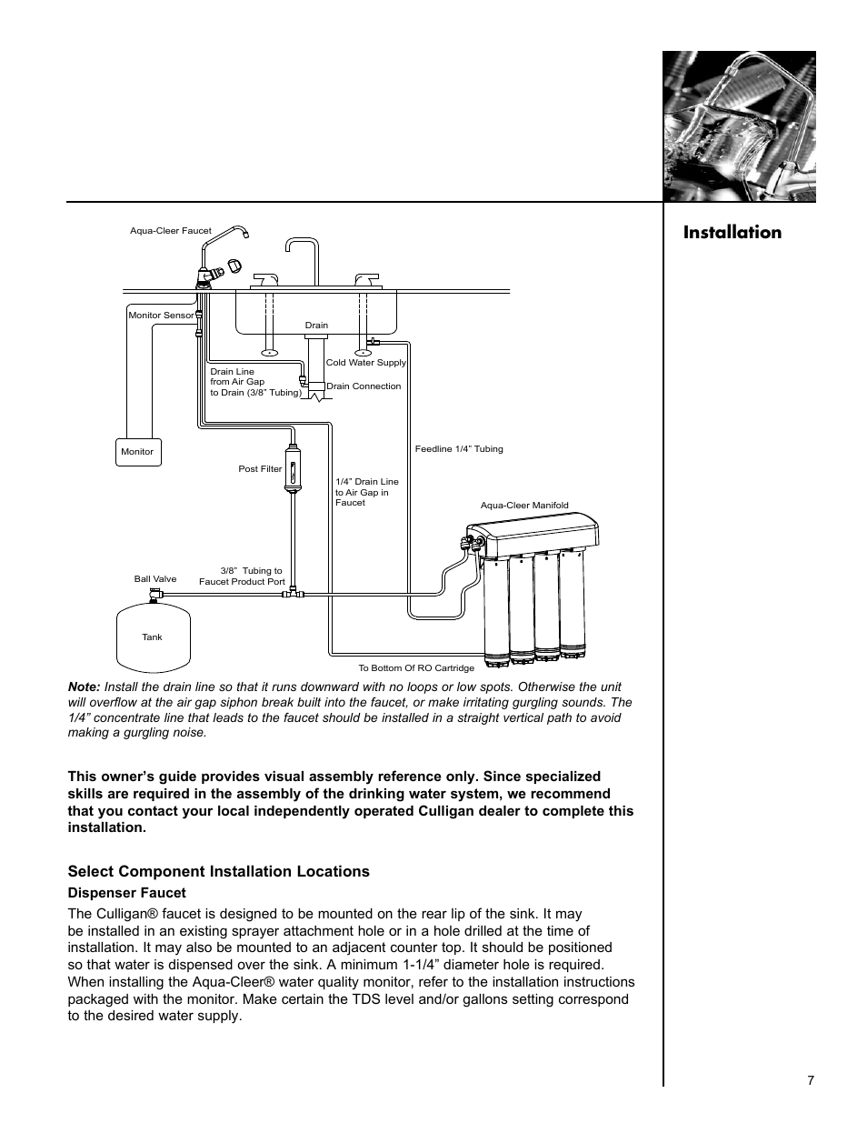 Chapter heading, Installation, Select component installation locations | Culligan Aqua-Cleer Advanced Drinking Water Systems User Manual | Page 7 / 59