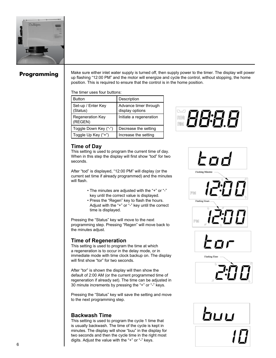 Programming, Time of day, Time of regeneration | Backwash time | Culligan Iron-Cleer User Manual | Page 10 / 23