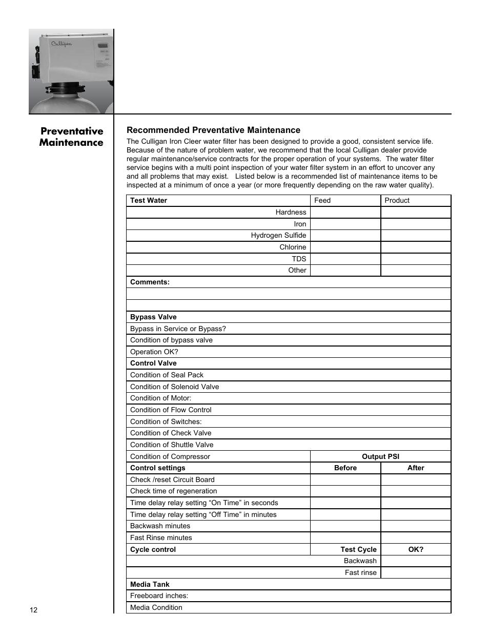 Preventative maintenance | Culligan Iron-Cleer User Manual | Page 16 / 23