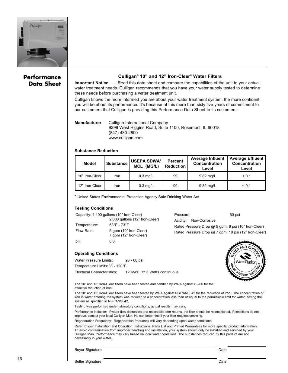 Performance data sheet | Culligan Iron-Cleer User Manual | Page 20 / 23