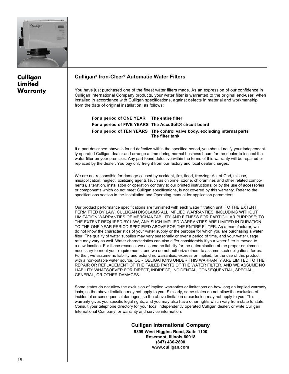 Culligan limited warranty | Culligan Iron-Cleer User Manual | Page 22 / 23