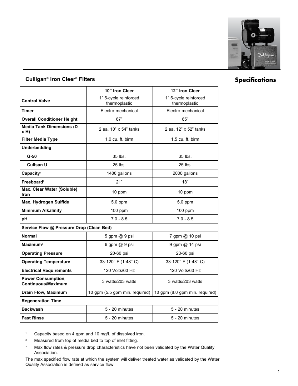 Specifications | Culligan Iron-Cleer User Manual | Page 5 / 23