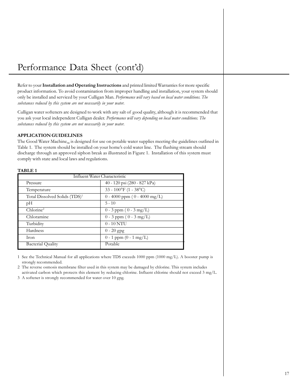 Performance data sheet (cont’d) | Culligan Aqua-Cleer User Manual | Page 19 / 21