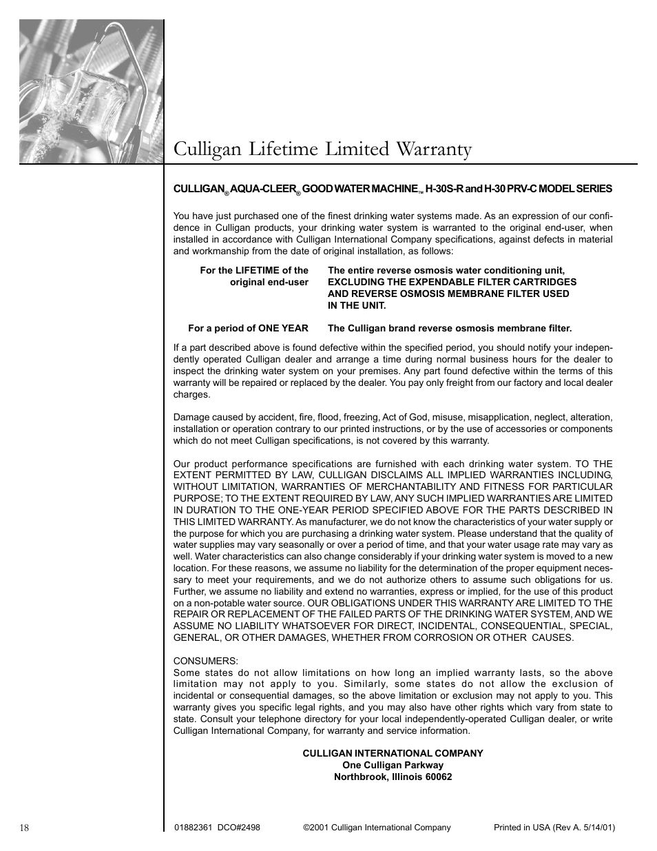 Culligan lifetime limited warranty | Culligan Aqua-Cleer User Manual | Page 20 / 21