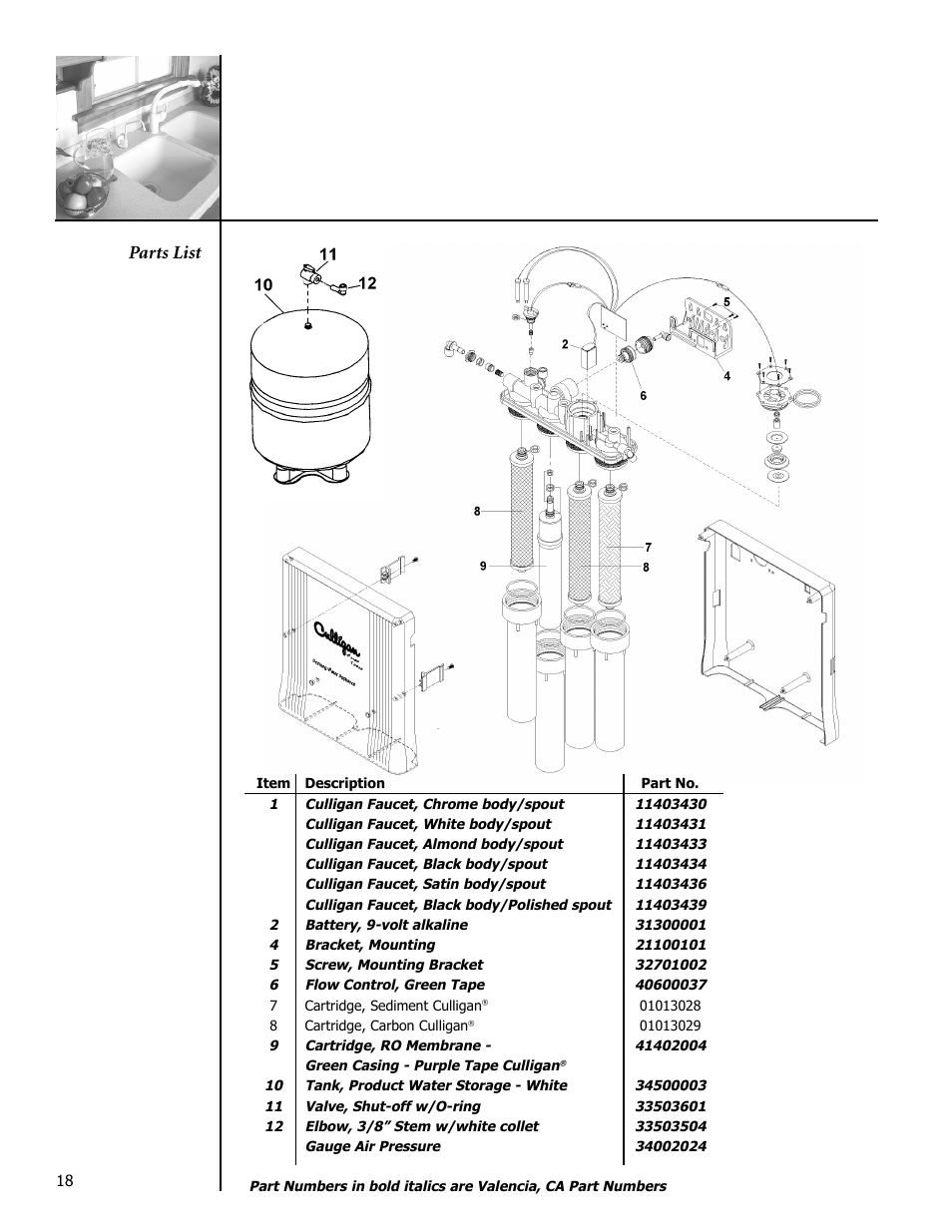 Parts list | Culligan Drinking Water System User Manual | Page 18 / 23