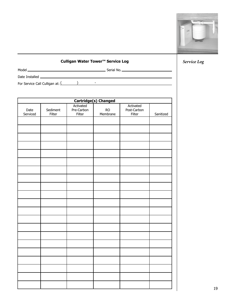 Service log | Culligan Drinking Water System User Manual | Page 19 / 23