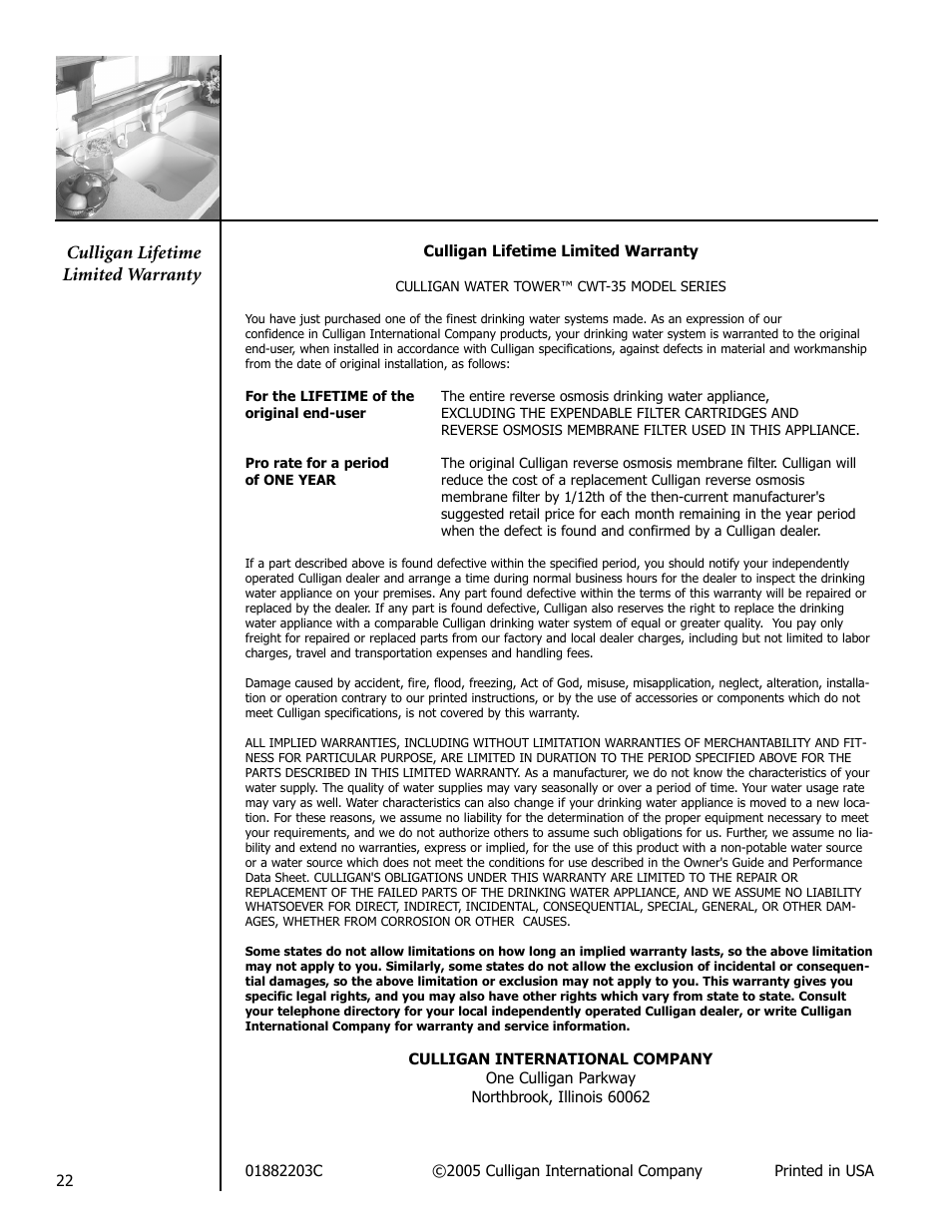 Culligan lifetime limited warranty | Culligan Drinking Water System User Manual | Page 22 / 23