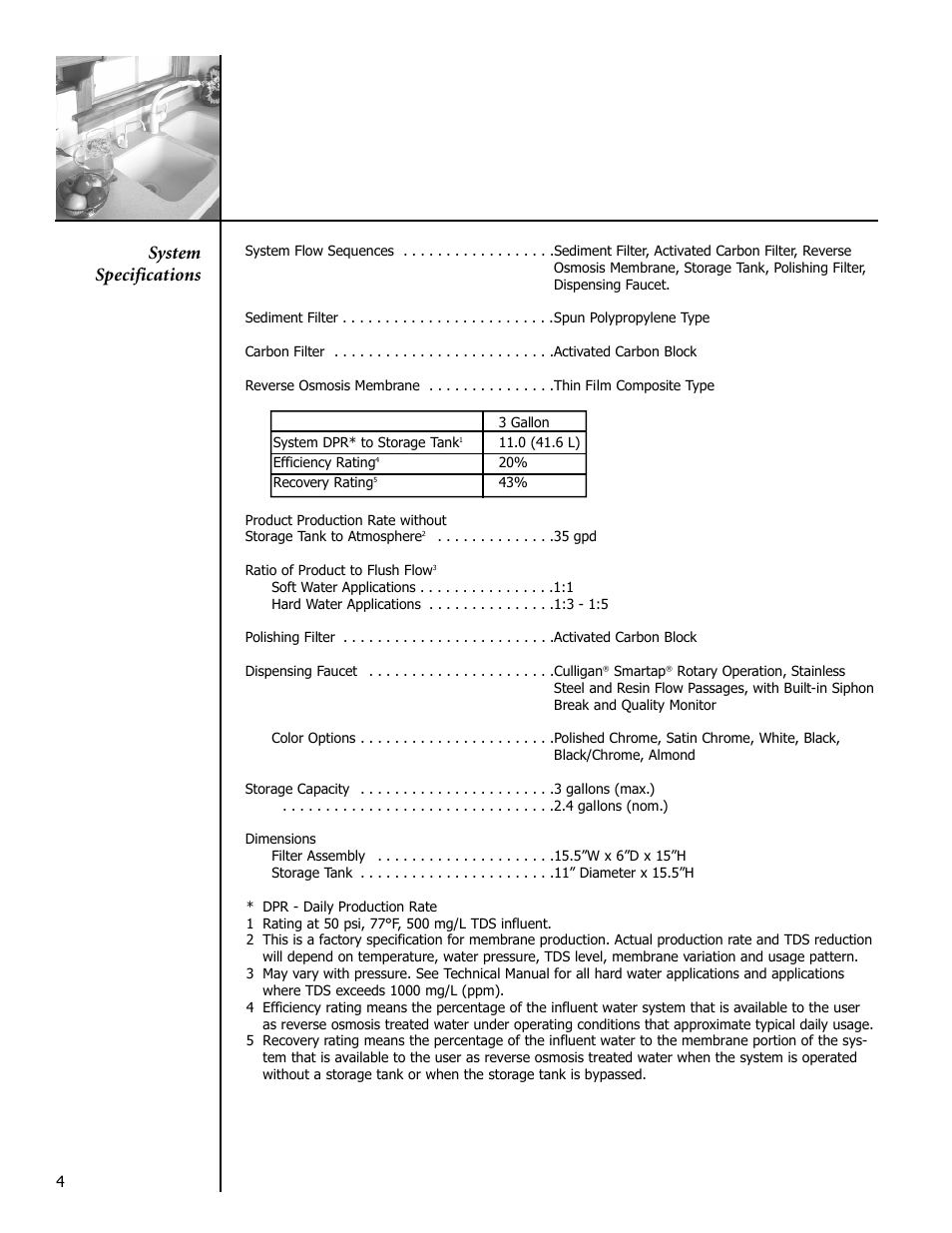 System specifications | Culligan Drinking Water System User Manual | Page 4 / 23