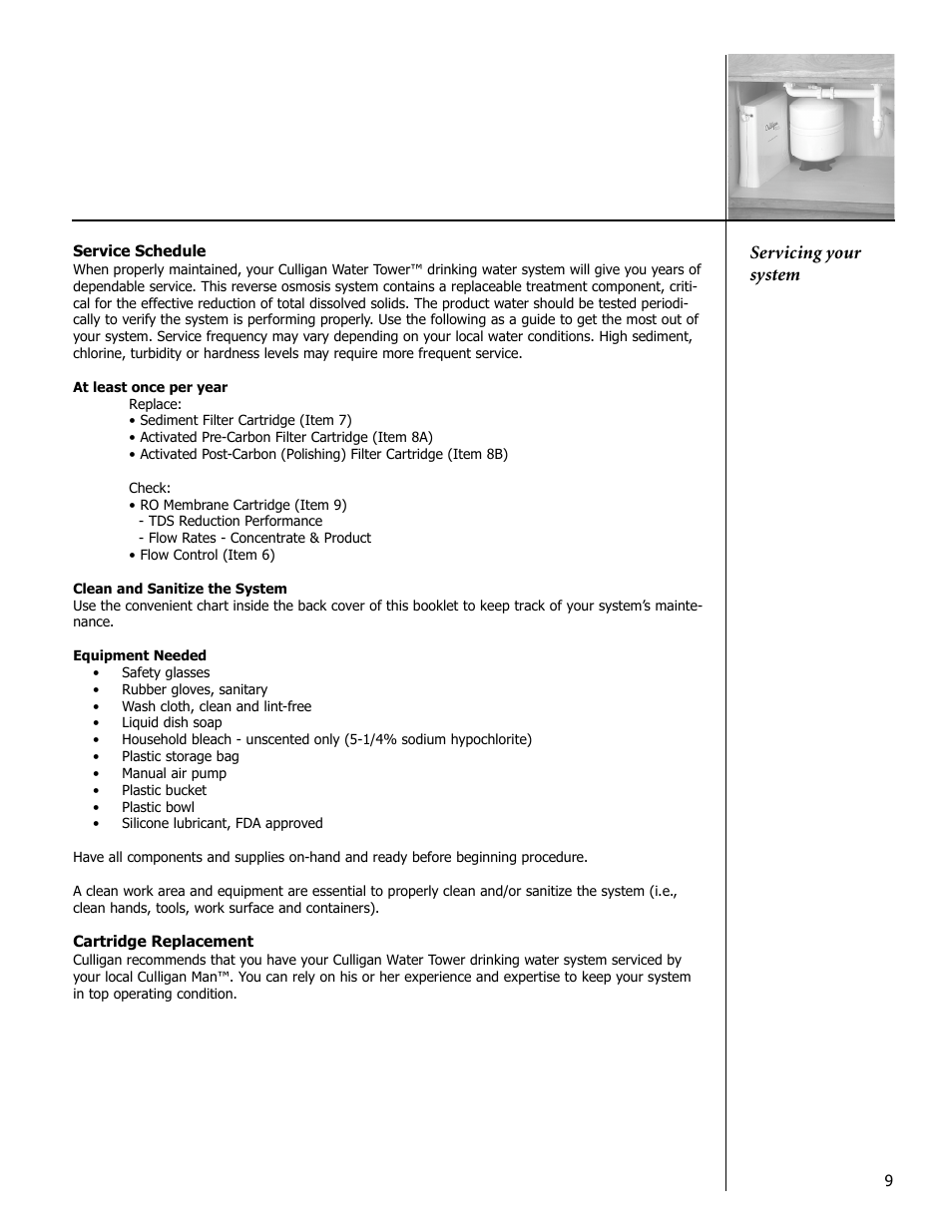 Servicing your system | Culligan Drinking Water System User Manual | Page 9 / 23