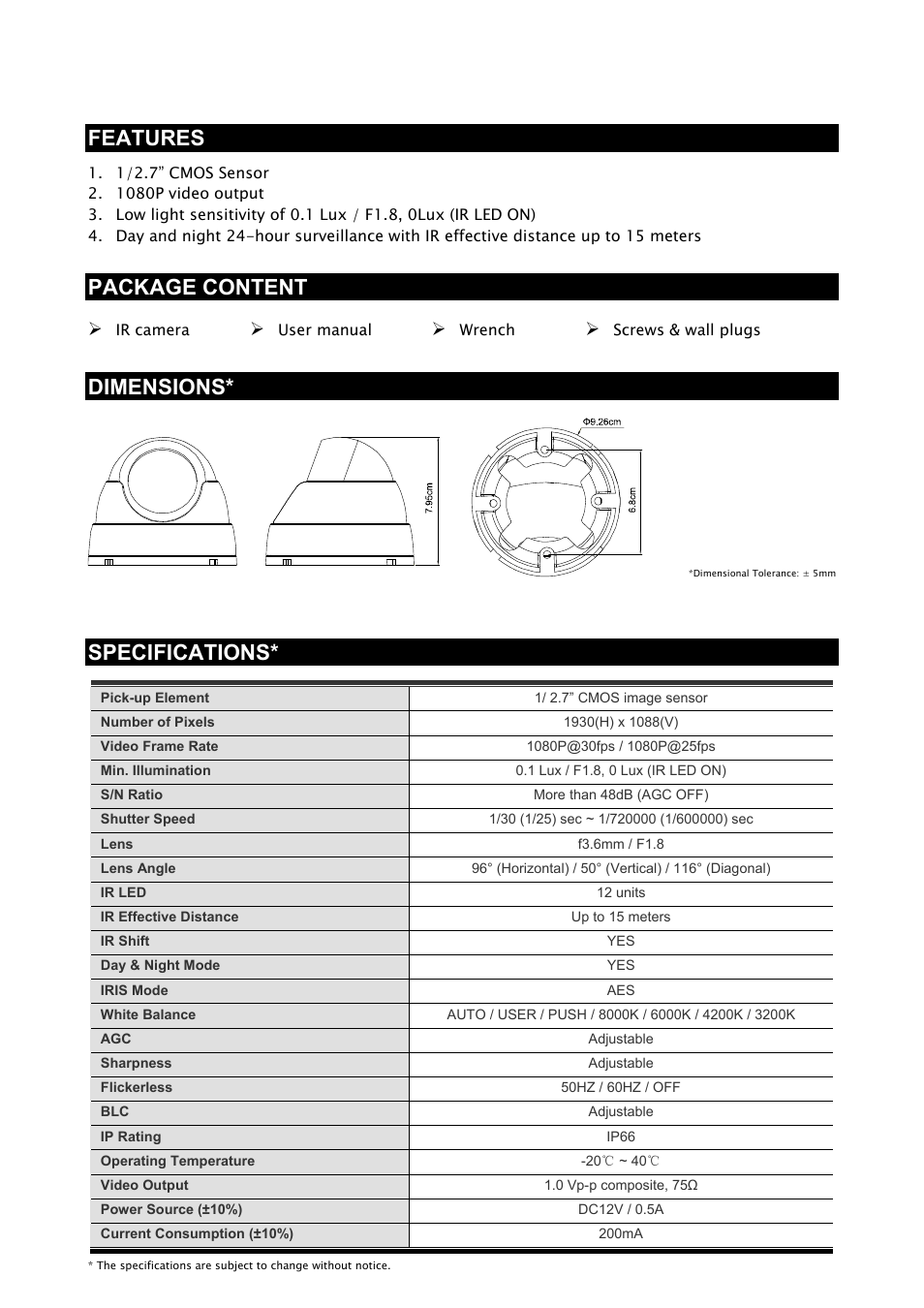 Features, Package content, Dimensions | Specifications | AGI Security CA-HTDR811 User Manual | Page 2 / 6