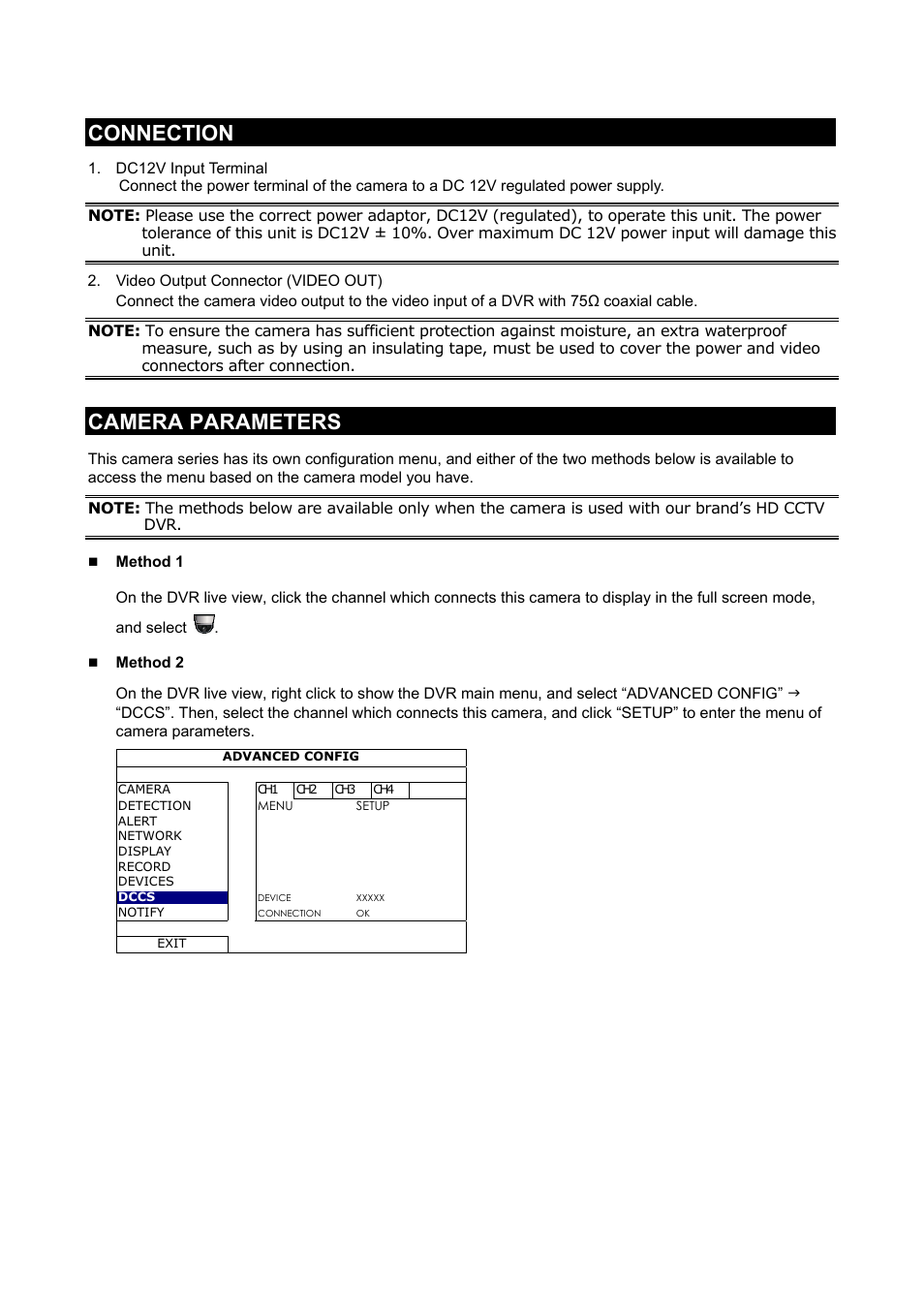 Connection, Camera parameters | AGI Security CA-HTDR811 User Manual | Page 4 / 6