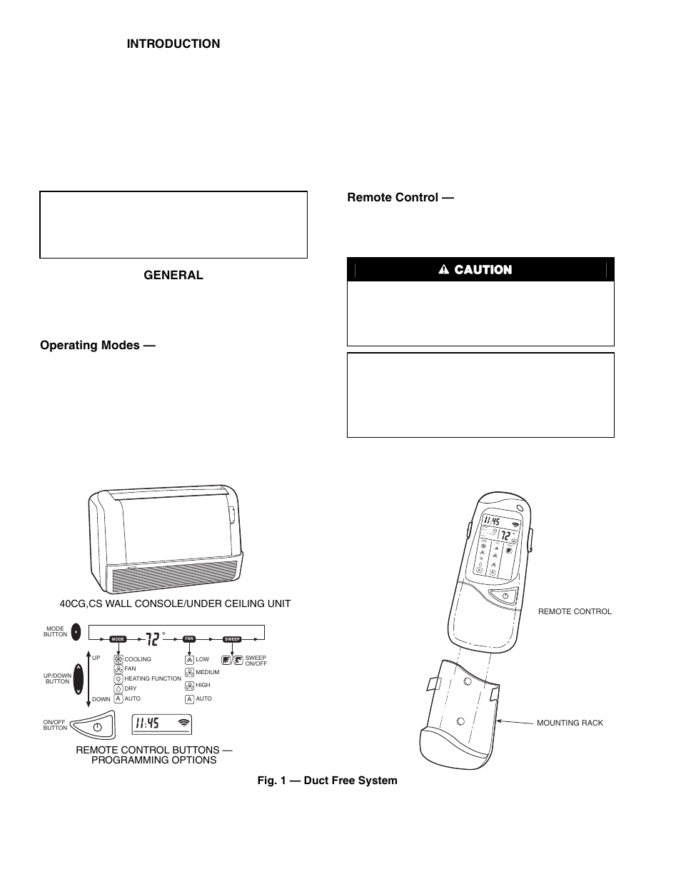 Introduction, General, Operating modes | Remote control, Fig. 1 — duct free system | Computer Expressions 38CG User Manual | Page 2 / 12