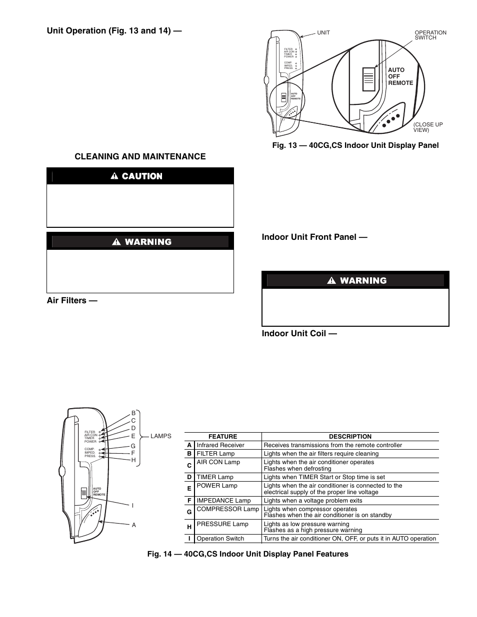 Unit operation (fig. 13 and 14), Cleaning and maintenance air filters, Indoor unit front panel | Indoor unit coil | Computer Expressions 38CG User Manual | Page 7 / 12