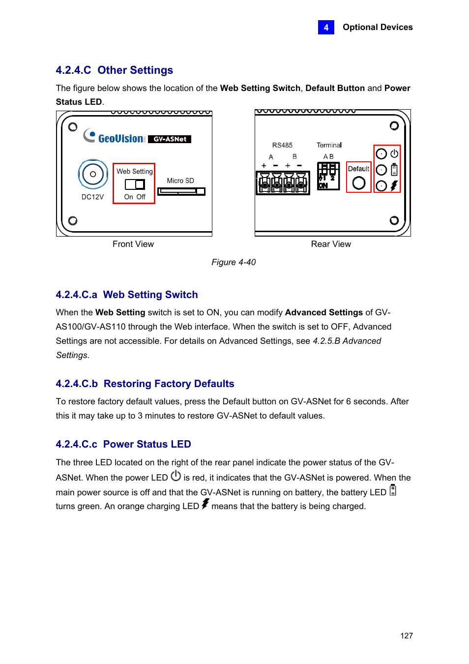 C other settings, C.a web setting switch, C.b restoring factory defaults | C.c power status led | AGI Security GV-CONCT User Manual | Page 137 / 172