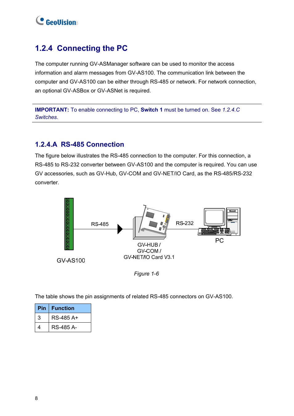4 connecting the pc, A rs-485 connection | AGI Security GV-CONCT User Manual | Page 18 / 172