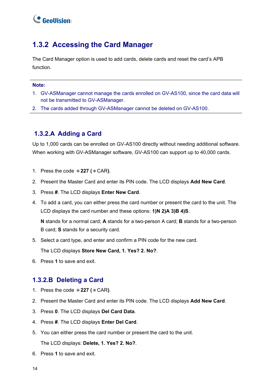 2 accessing the card manager, A adding a card, B deleting a card | AGI Security GV-CONCT User Manual | Page 24 / 172