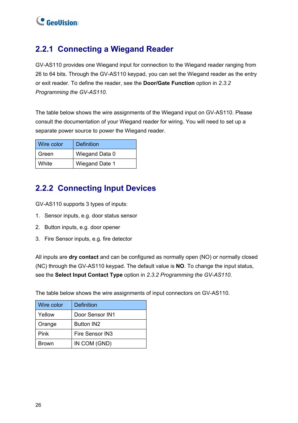 1 connecting a wiegand reader, 2 connecting input devices | AGI Security GV-CONCT User Manual | Page 36 / 172