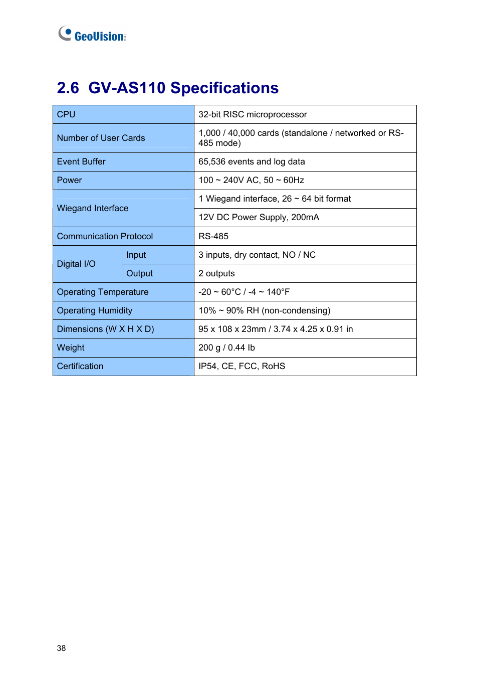 6 gv-as110 specifications | AGI Security GV-CONCT User Manual | Page 48 / 172