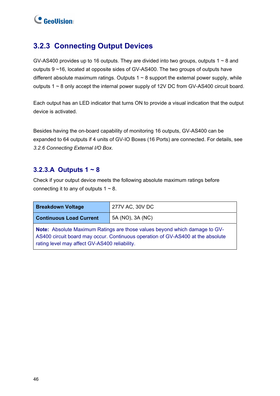 3 connecting output devices, A outputs 1 ~ 8 | AGI Security GV-CONCT User Manual | Page 56 / 172