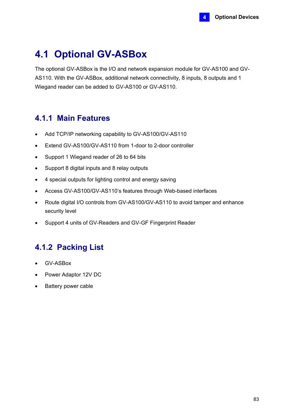 1 optional gv-asbox, 1 main features, 2 packing list | AGI Security GV-CONCT User Manual | Page 93 / 172