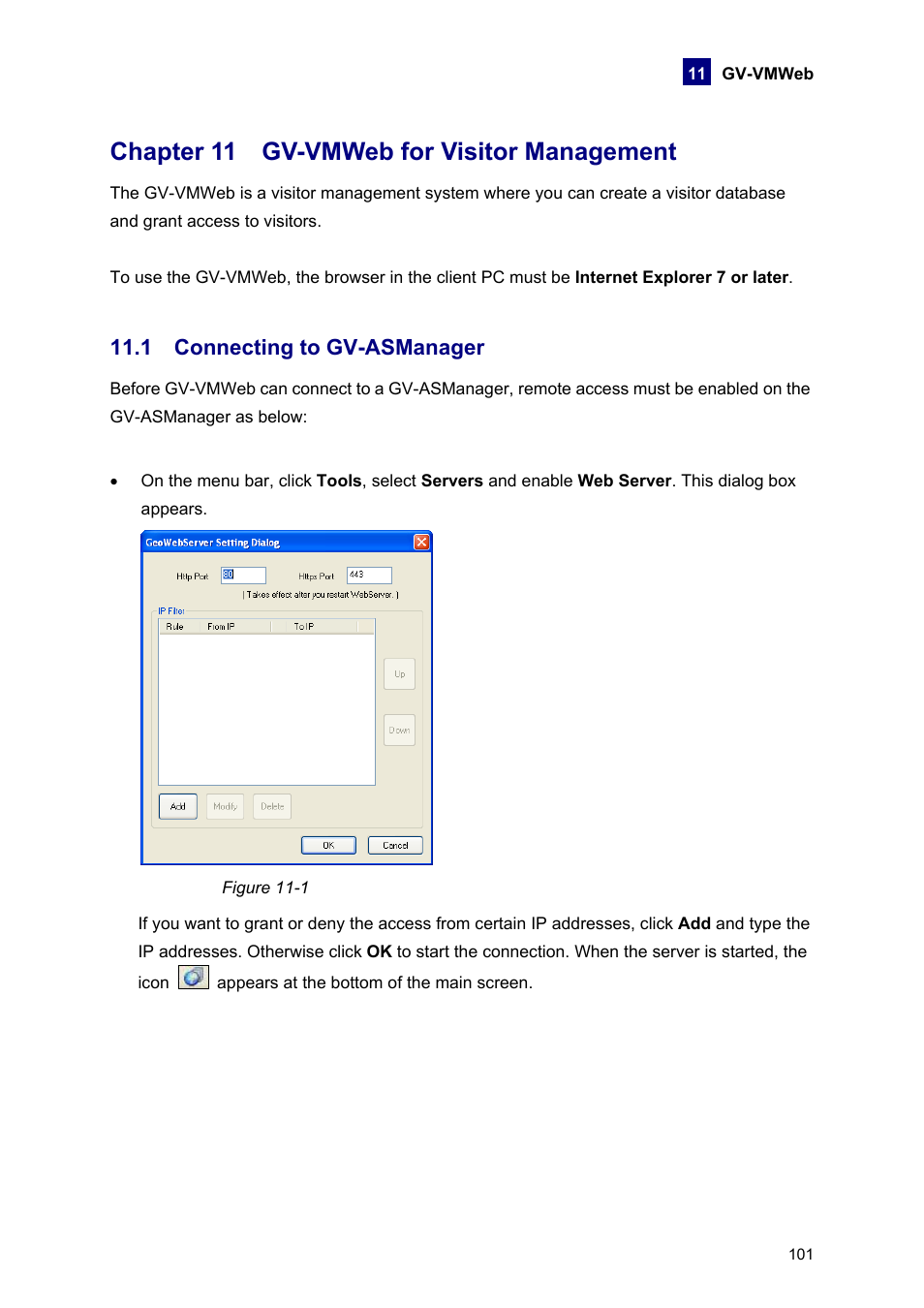 Chapter 11 gv-vmweb for visitor management, 1 connecting to gv-asmanager | AGI Security GVASBOX-100 User Manual | Page 109 / 138