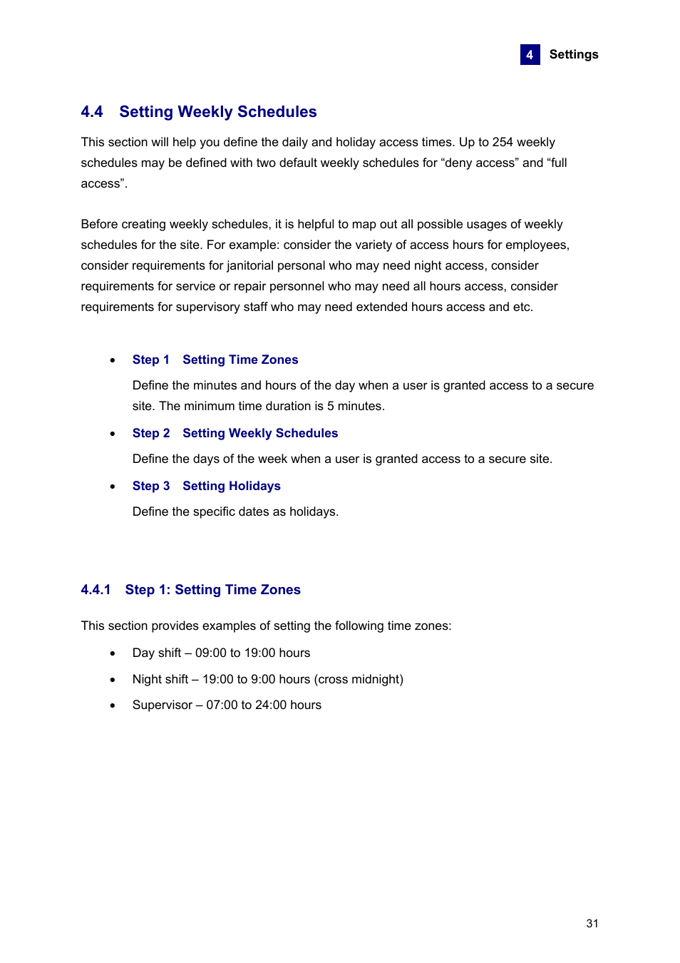 4 setting weekly schedules, 1 step 1: setting time zones | AGI Security GVASBOX-100 User Manual | Page 39 / 138